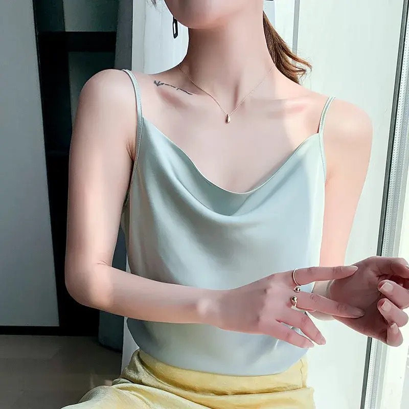 Summer Ice Silk Sleeveless Women's Vest Small Strap Satin Surface Top Outerwear Suit Base Layer Backless Inner Match