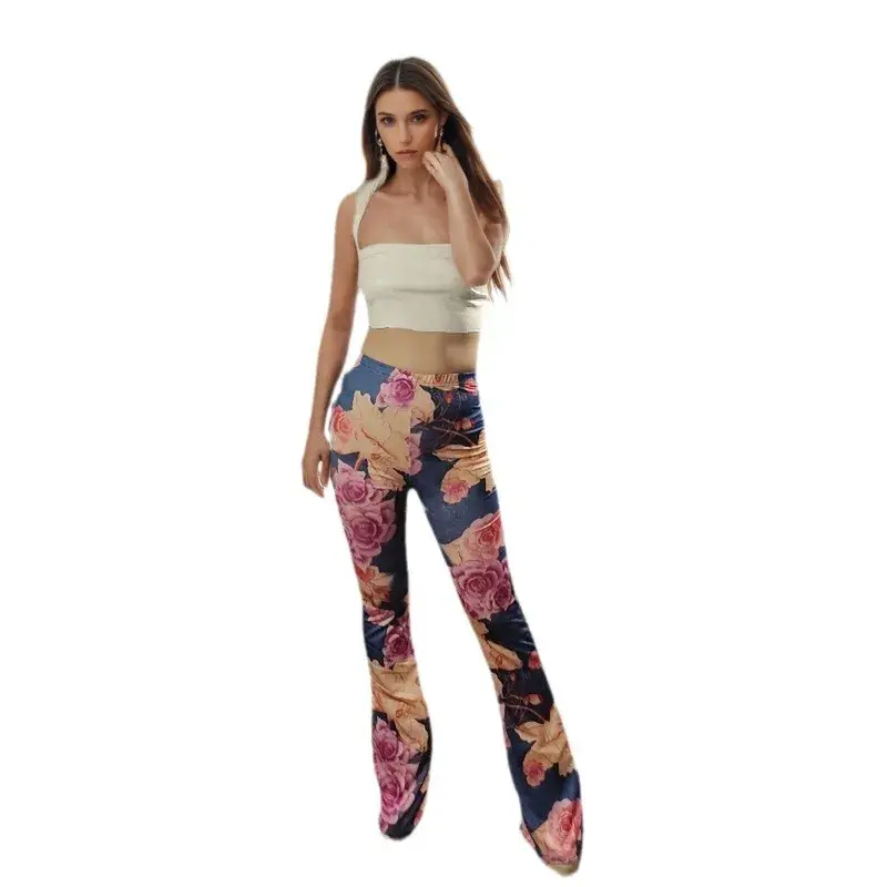 Summer New Floral Digital Print Bell Bottom Elastic Tight Large Mouth Long Casual Pants Women's Full-Length Trousers