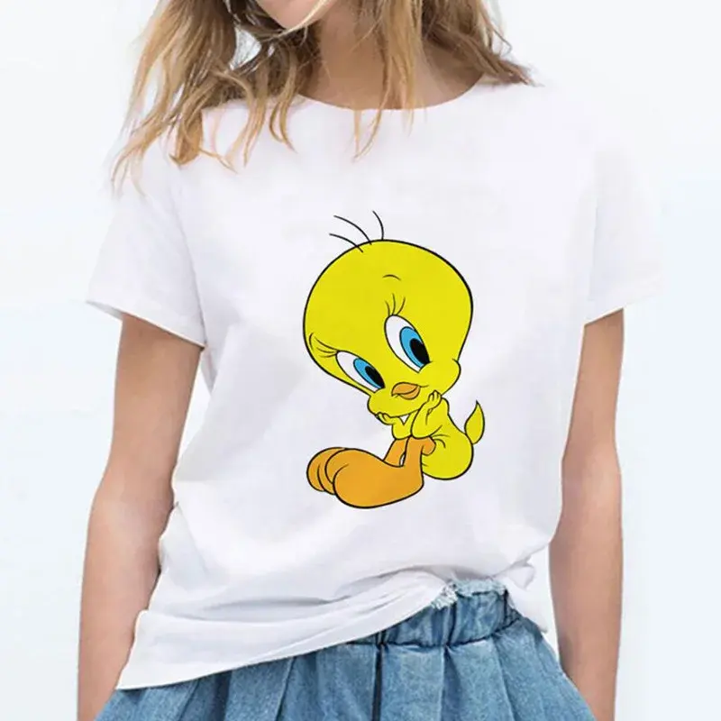 2023 TweetyBird Cartoon round Neck Printed White T-Shirt Short Sleeve Women's Cross-Border EBay Fashion Casual Comfortable Top