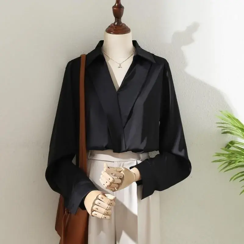 Spring Summer Fashion V-Neck Long Sleeve Women's Shirt Loose Slimming Satin Top Black Design Sensation Elegant Style