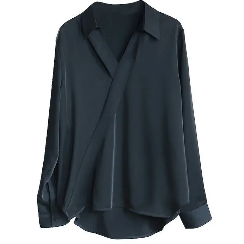 Spring Summer Fashion V-Neck Long Sleeve Women's Shirt Loose Slimming Satin Top Black Design Sensation Elegant Style