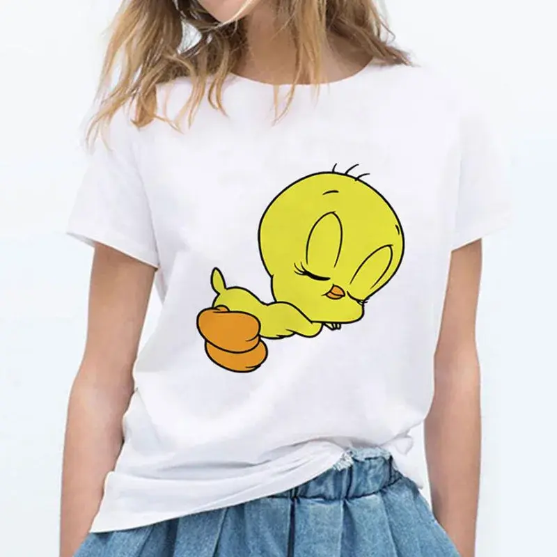 2023 TweetyBird Cartoon round Neck Printed White T-Shirt Short Sleeve Women's Cross-Border EBay Fashion Casual Comfortable Top