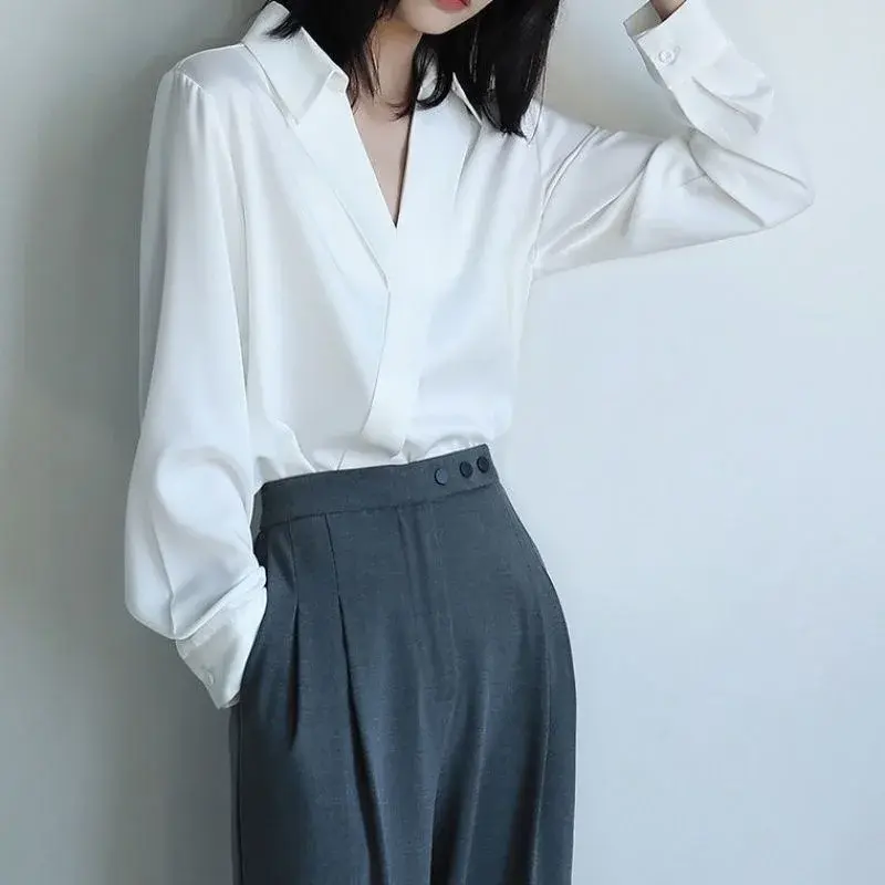 Spring Summer Fashion V-Neck Long Sleeve Women's Shirt Loose Slimming Satin Top Black Design Sensation Elegant Style