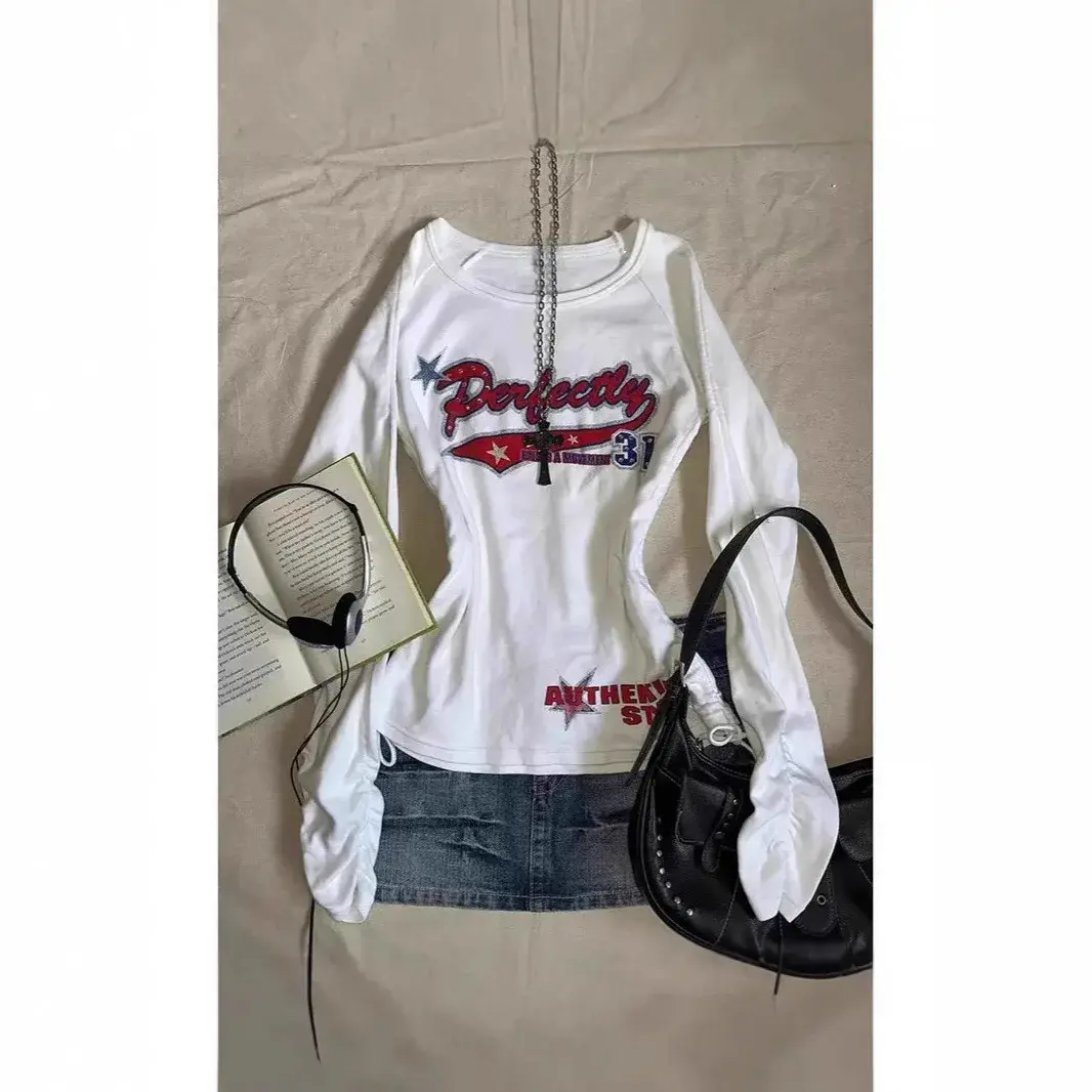 Spring 2025 Women's Long Sleeve Crew Neck T-Shirt Waist-Cinching Drawstring Design Fashionable Versatile Top Trendy