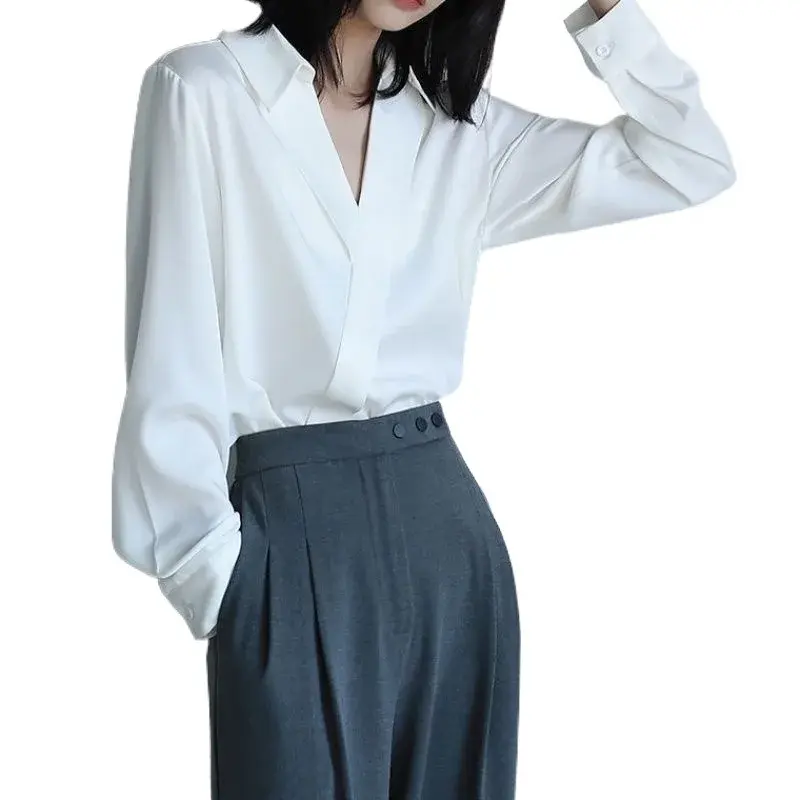 Spring Summer Fashion V-Neck Long Sleeve Women's Shirt Loose Slimming Satin Top Black Design Sensation Elegant Style