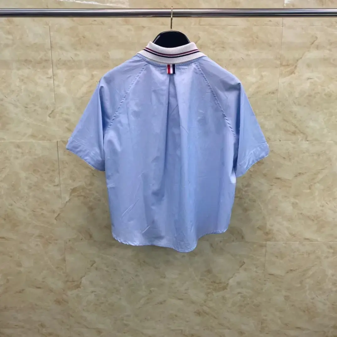 Summer Women's Preppy Style Color Blocking Lapel Short Sleeve Shirt Casual Comfortable Versatile Slimming Dress Shirt