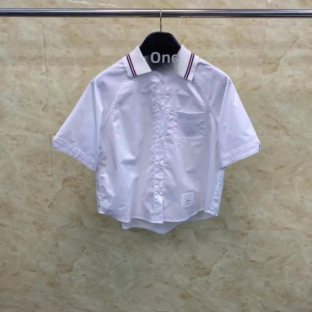 Summer Women's Preppy Style Color Blocking Lapel Short Sleeve Shirt Casual Comfortable Versatile Slimming Dress Shirt