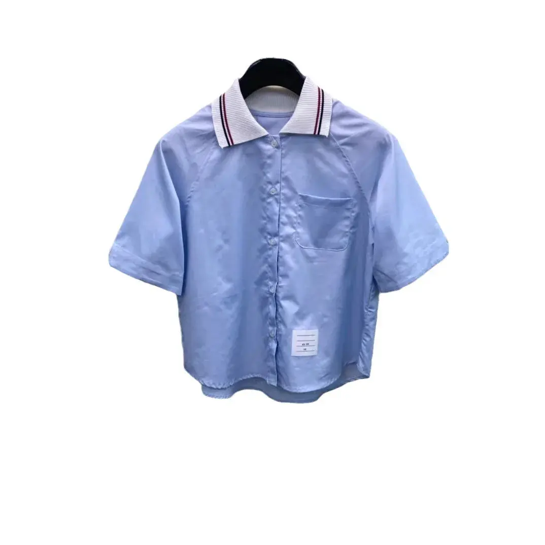 Summer Women's Preppy Style Color Blocking Lapel Short Sleeve Shirt Casual Comfortable Versatile Slimming Dress Shirt