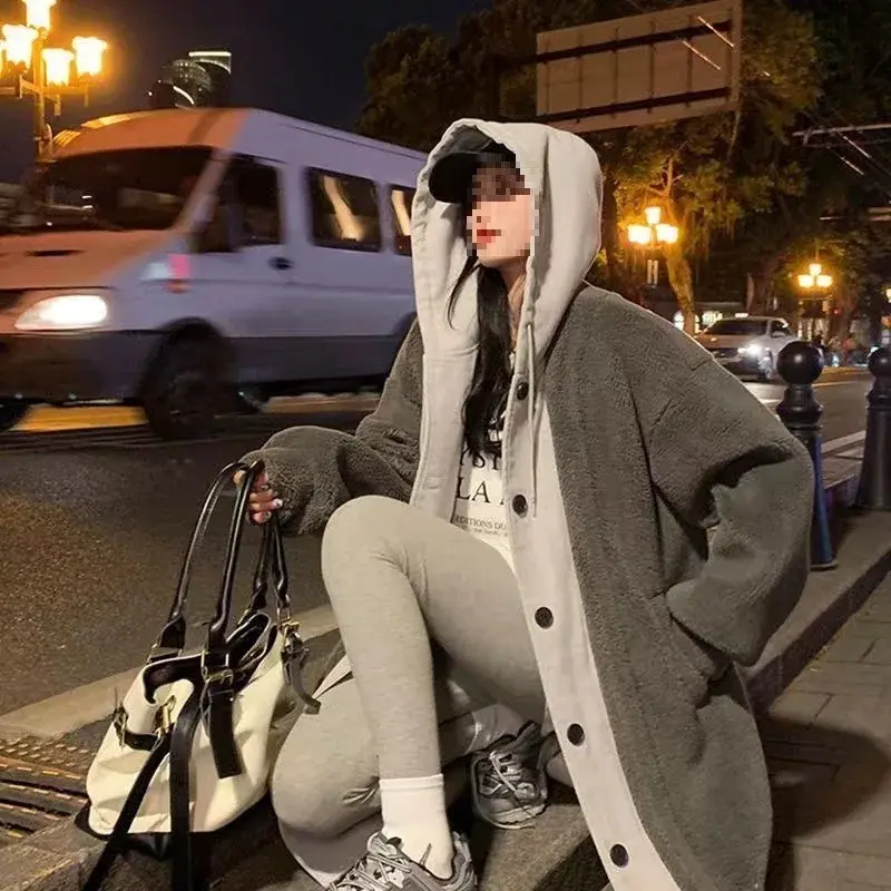 Three-Color Chic Long Lamb Fur Jacket Loose Fashionable Outerwear for Autumn Winter Thickened Women's Sweatshirt Hoodie
