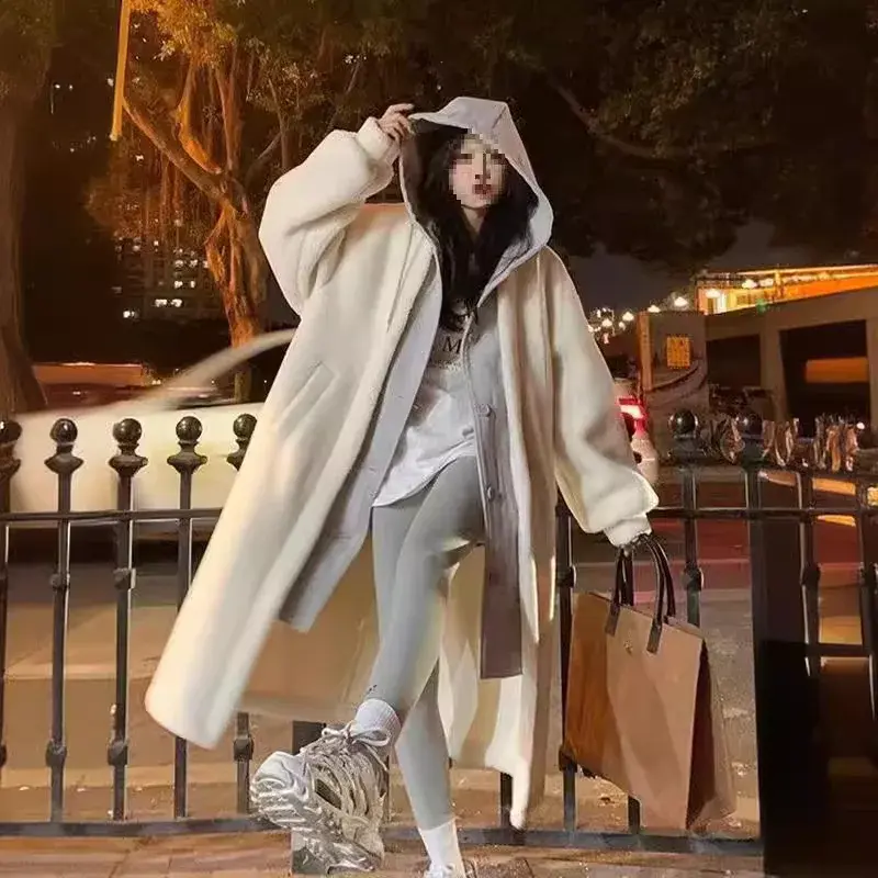 Three-Color Chic Long Lamb Fur Jacket Loose Fashionable Outerwear for Autumn Winter Thickened Women's Sweatshirt Hoodie