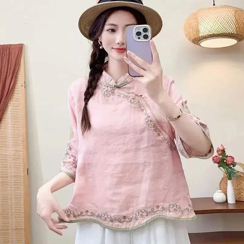 2024 New Spring Autumn Women's Cotton Linen Vintage Artistic Loose-fit Slimming Embroidery V-neck Sleeve Chinese-style Blouse