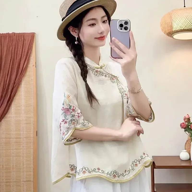 2024 New Spring Autumn Women's Cotton Linen Vintage Artistic Loose-fit Slimming Embroidery V-neck Sleeve Chinese-style Blouse