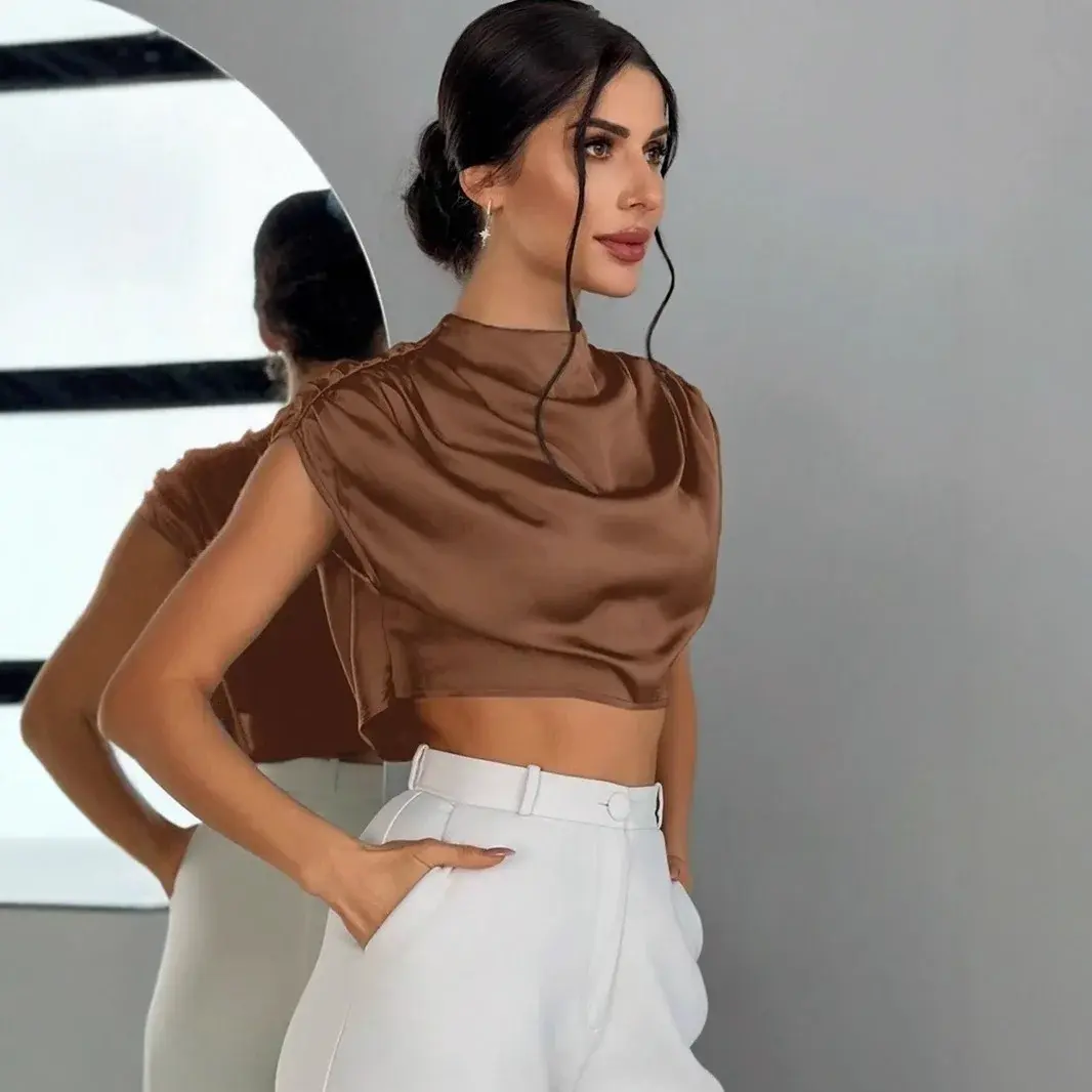 Women's Cropped Top Batwing Sleeve Ruffled Shirt Elegant Fashion Color Block Simulation Silk Shirt With Button