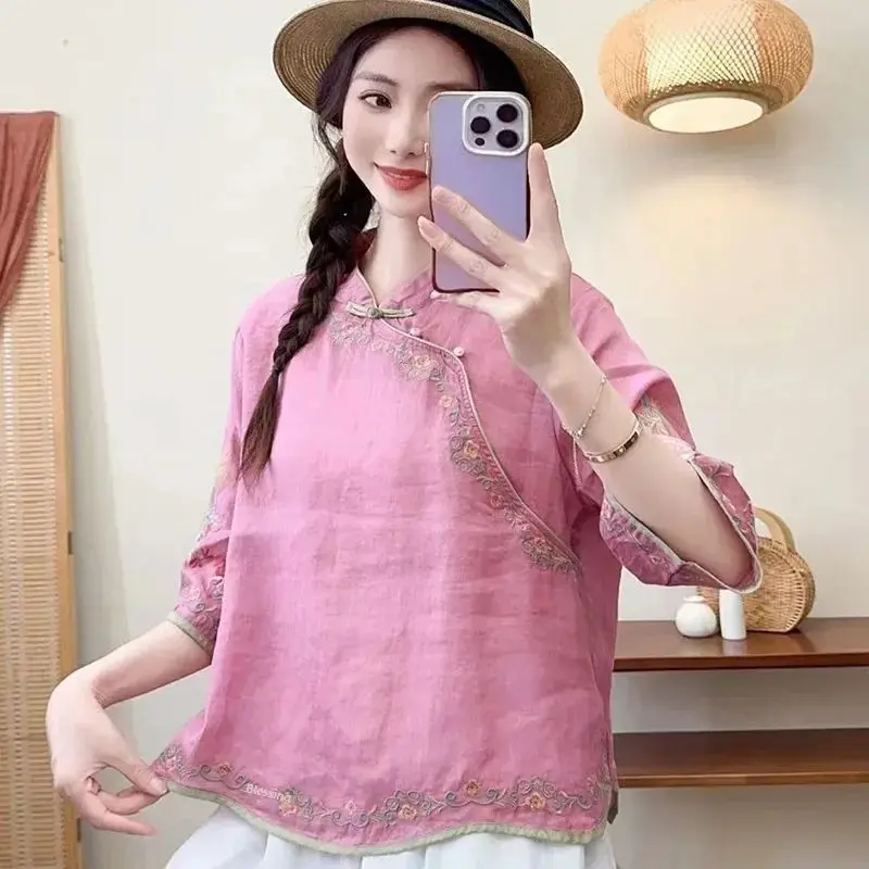 2024 New Spring Autumn Women's Cotton Linen Vintage Artistic Loose-fit Slimming Embroidery V-neck Sleeve Chinese-style Blouse