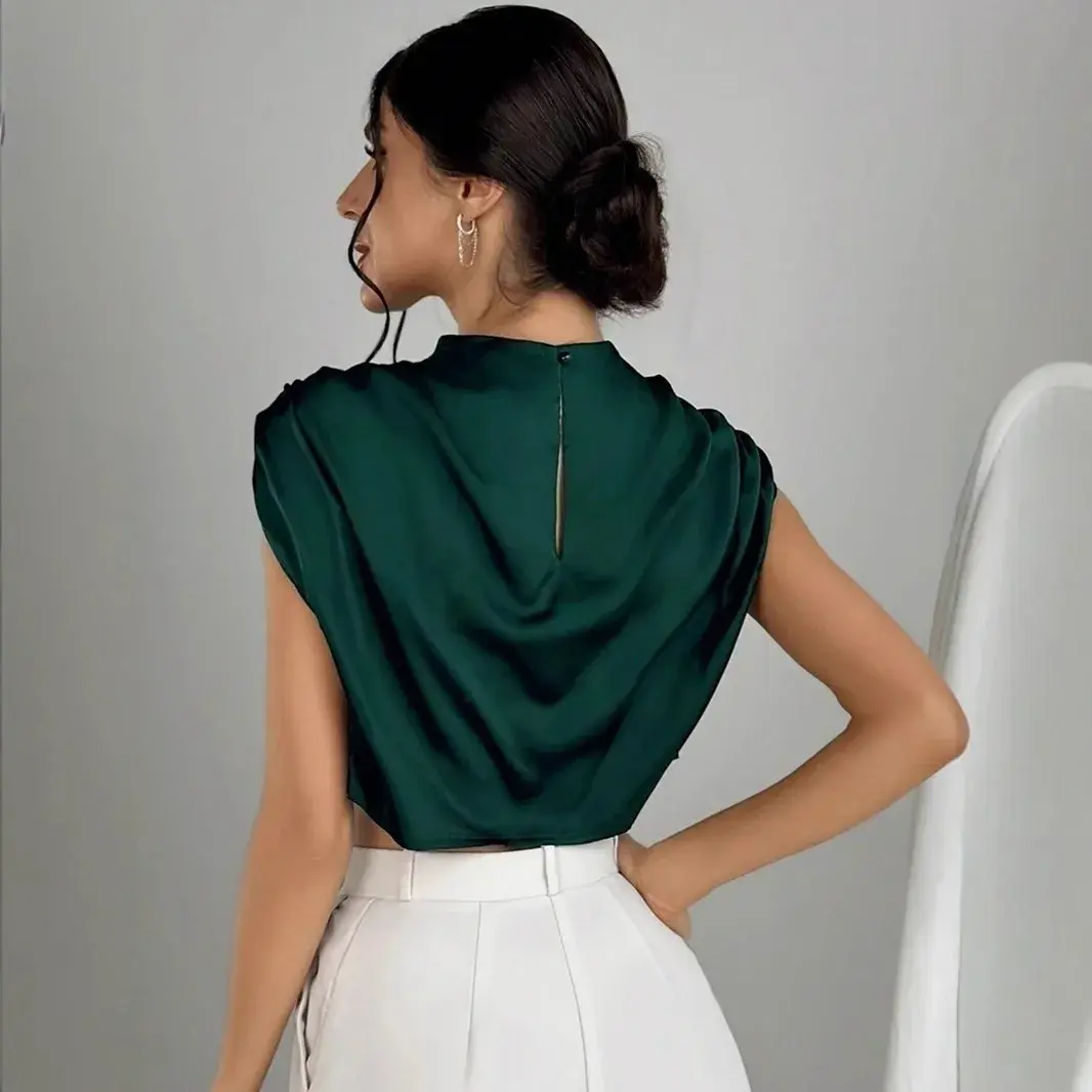 Women's Cropped Top Batwing Sleeve Ruffled Shirt Elegant Fashion Color Block Simulation Silk Shirt With Button