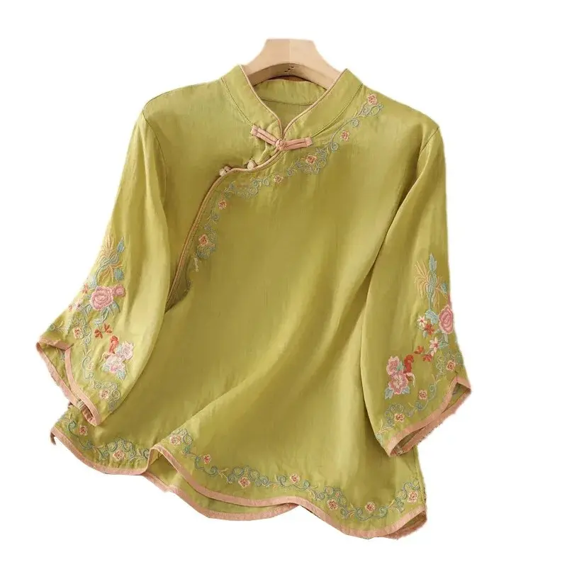 2024 New Spring Autumn Women's Cotton Linen Vintage Artistic Loose-fit Slimming Embroidery V-neck Sleeve Chinese-style Blouse