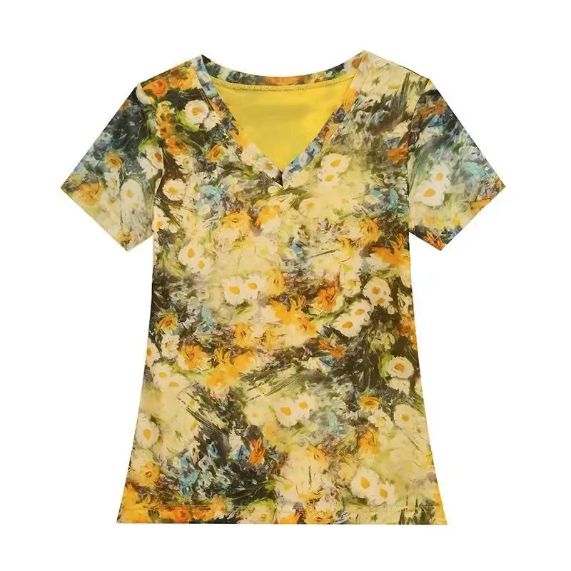 Fashionable Summer 2023 European Style Mesh Printed Positional Flower Short Sleeves V-Neck Slimming Stylish Top For Women