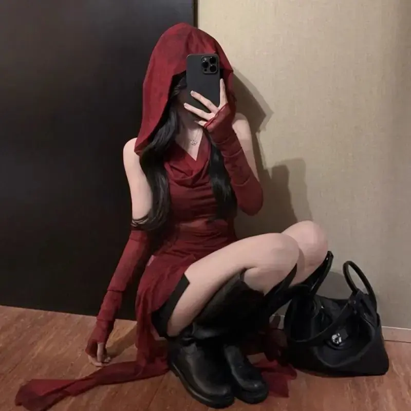 Red Mesh Hooded T-Shirt Women's Bell Sleeve Irregular Cap Sleeve Cover Cross-Border Wasteland Style with Cuffs Direct Sale