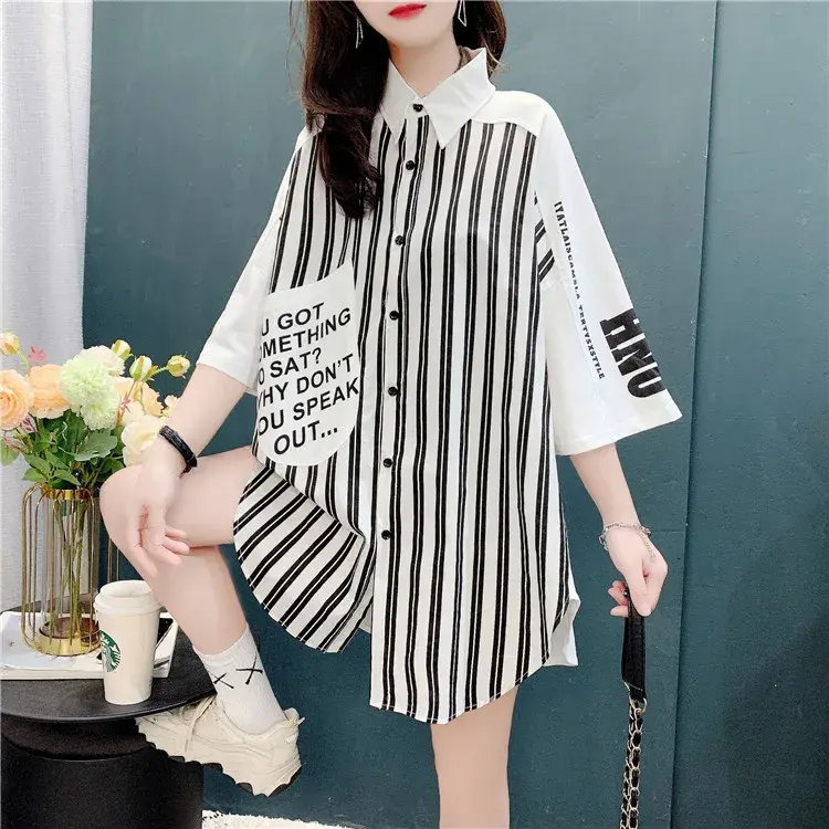 Loose Polo Collar Shirt Women's Short Sleeve T-Shirt Summer New Style Striped Midi Shirt Casual Fashion plus Size Women's Top