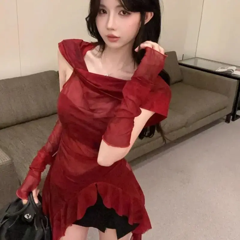 Red Mesh Hooded T-Shirt Women's Bell Sleeve Irregular Cap Sleeve Cover Cross-Border Wasteland Style with Cuffs Direct Sale