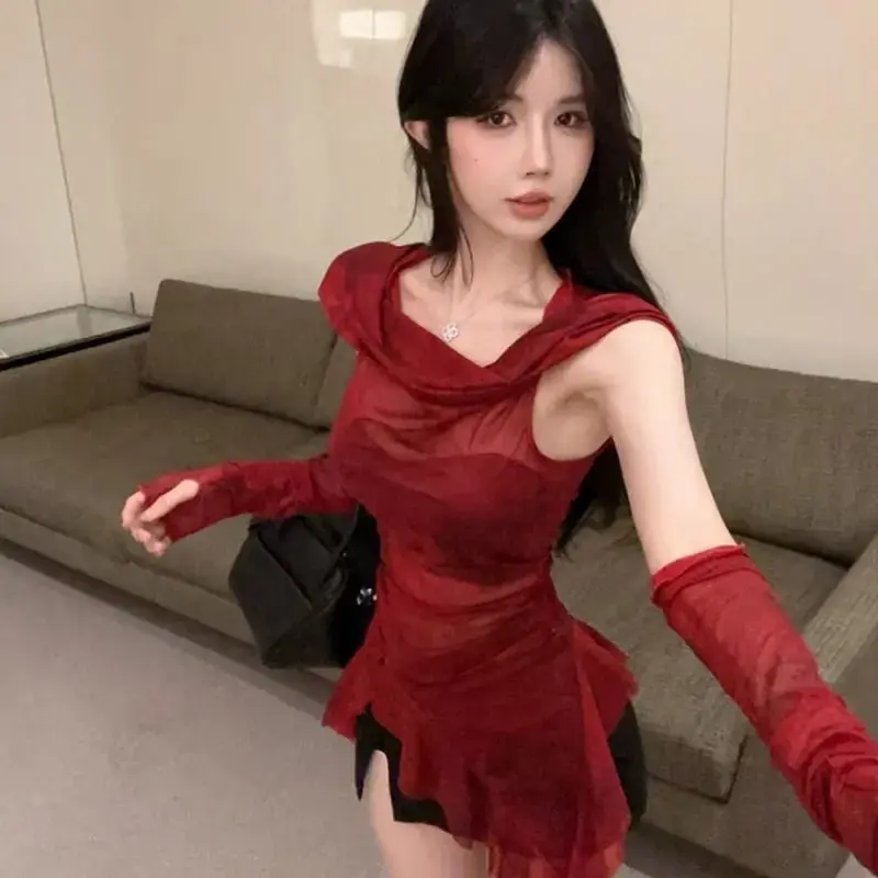 Red Mesh Hooded T-Shirt Women's Bell Sleeve Irregular Cap Sleeve Cover Cross-Border Wasteland Style with Cuffs Direct Sale