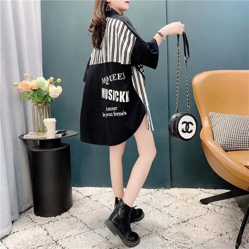 Loose Polo Collar Shirt Women's Short Sleeve T-Shirt Summer New Style Striped Midi Shirt Casual Fashion plus Size Women's Top