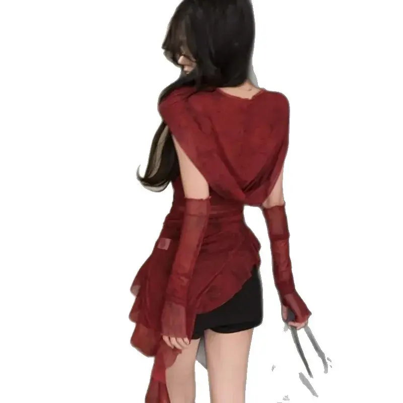 Red Mesh Hooded T-Shirt Women's Bell Sleeve Irregular Cap Sleeve Cover Cross-Border Wasteland Style with Cuffs Direct Sale