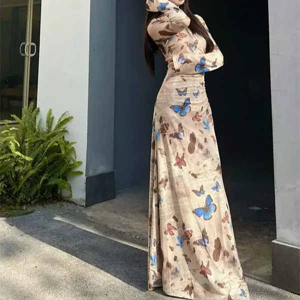 Sexy Slim Fit Long Sleeve Butterfly Print Dress V Neck Empire Waist Ankle Length Polyester Fiber Autumn Fashion Women's Dress