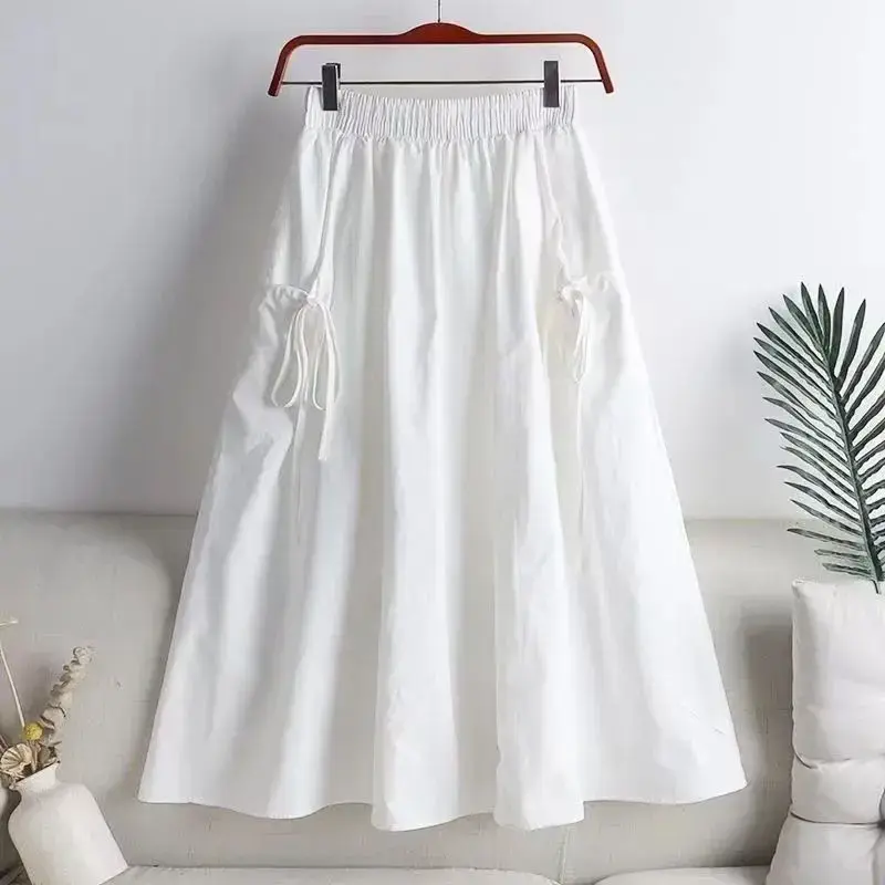 2024 New Women's Summer Korean-Style Solid Color Medium-Length Plus Size A- Line Skirt With Drawstring Pocket