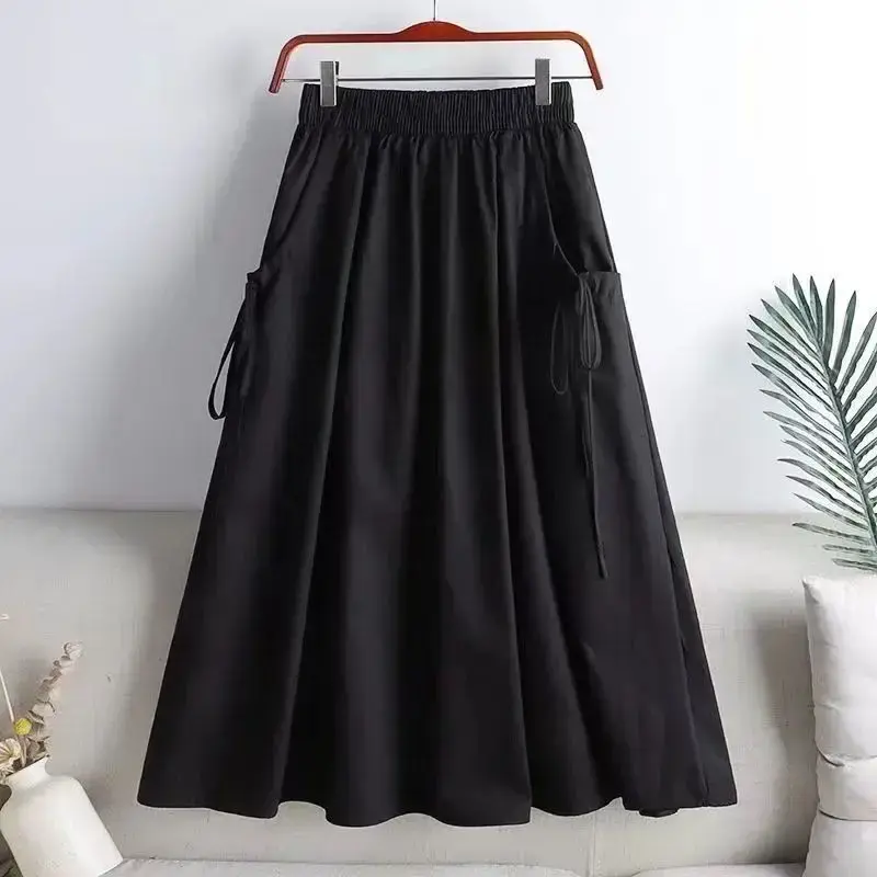 2024 New Women's Summer Korean-Style Solid Color Medium-Length Plus Size A- Line Skirt With Drawstring Pocket