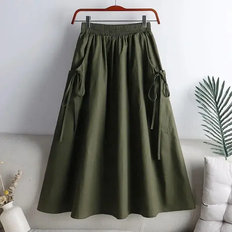 2024 New Women's Summer Korean-Style Solid Color Medium-Length Plus Size A- Line Skirt With Drawstring Pocket