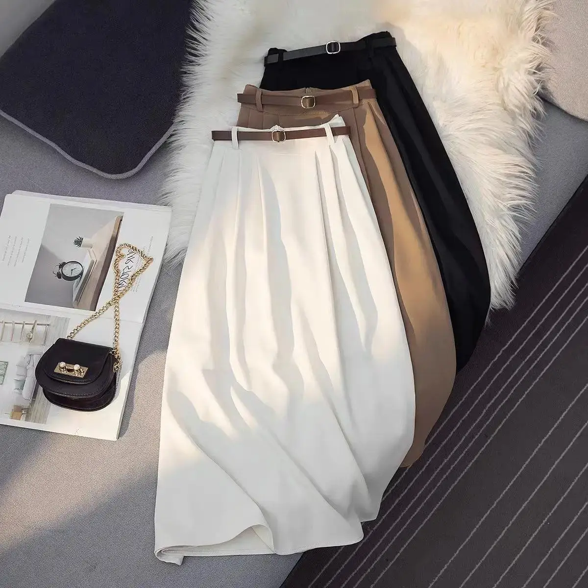 High-Waisted Slimming A- Line Black Medium-Length Skirt For Women 2024 Summer New Style Draped Over-Knee Design Female Dress