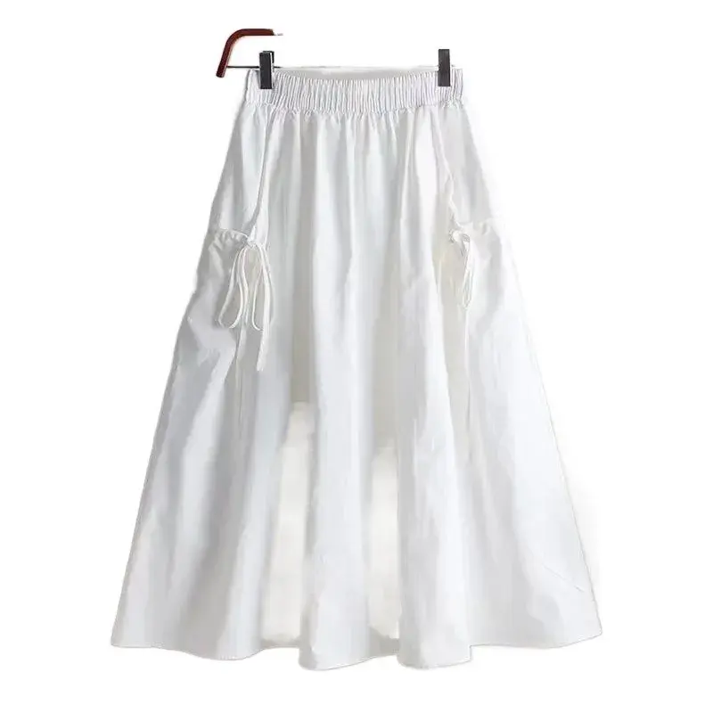 2024 New Women's Summer Korean-Style Solid Color Medium-Length Plus Size A- Line Skirt With Drawstring Pocket