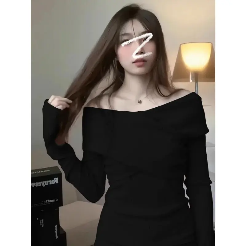 Off-Shoulder Sensibility Cross Long Sleeve Top Women's 2024 Autumn/Winter Soft Sweet Waist-Fitted Slimming Knit Base Layer Top