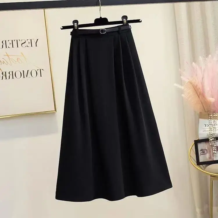 High-Waisted Slimming A- Line Black Medium-Length Skirt For Women 2024 Summer New Style Draped Over-Knee Design Female Dress