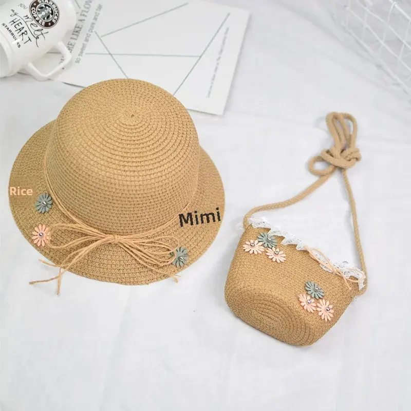 Fresh New Children's Straw Hat Babyglacier Cap Women's Summer Beach Sunshade Hat 2-Piece Set Kids Fashionable Hat Bag