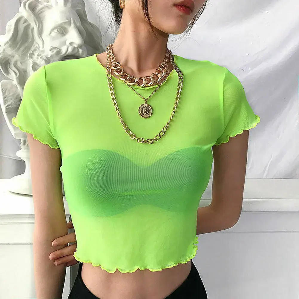 Fashionable Women's Solid Color Transparent Mesh Cropped T-shirt Bikini Beach Cover Up Polyester Leaflet Neck Short Sleeve