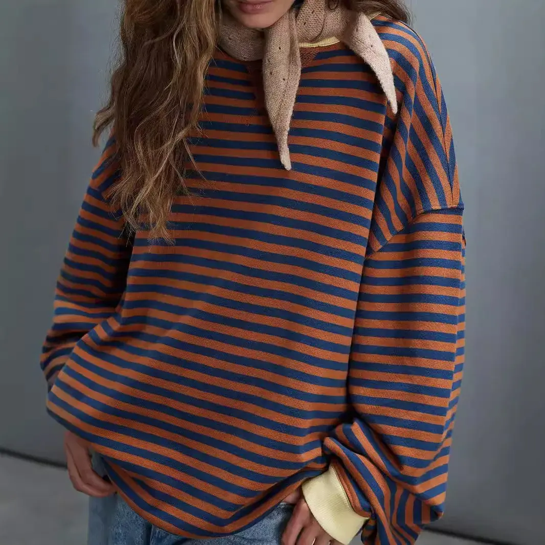 Versatile Loose-Fit Round Neck Sweatshirt Women's Amazon Oversize Color Blocking Stripe Autumn/Winter Thickened Crew Neck Top