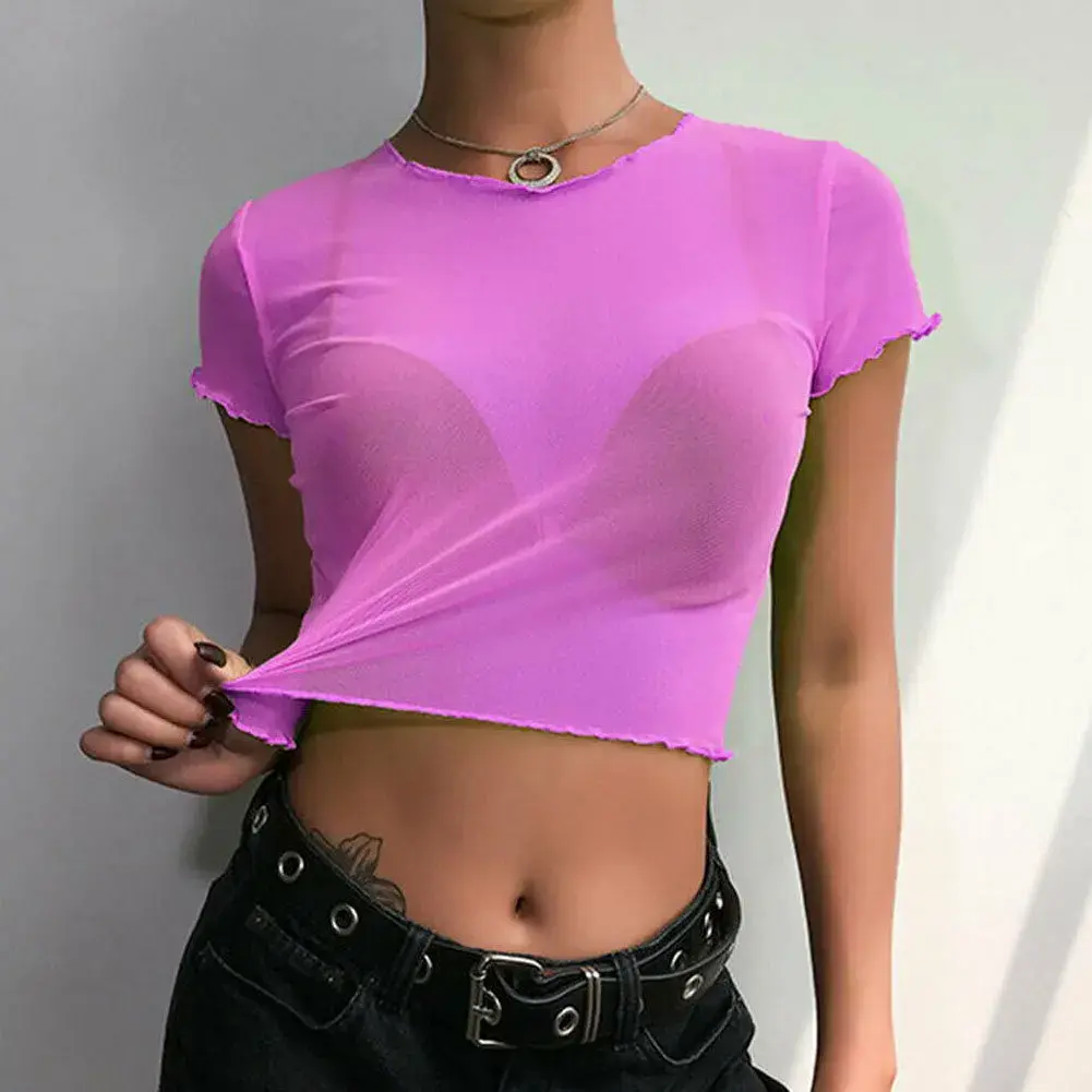 Fashionable Women's Solid Color Transparent Mesh Cropped T-shirt Bikini Beach Cover Up Polyester Leaflet Neck Short Sleeve