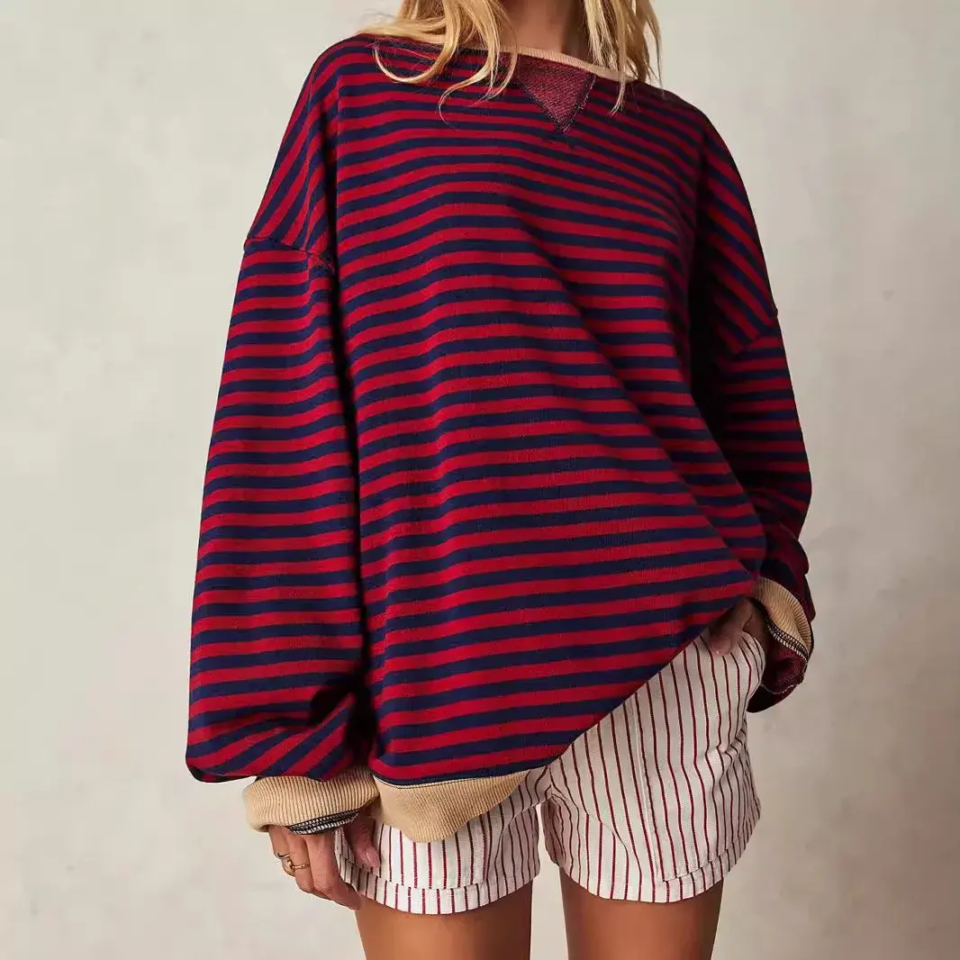 Versatile Loose-Fit Round Neck Sweatshirt Women's Amazon Oversize Color Blocking Stripe Autumn/Winter Thickened Crew Neck Top