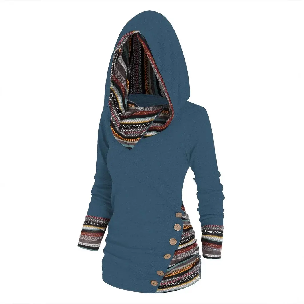 Casual Ethnic Style Knitted Long Sleeve Hoodie Women's Shirt Geometric Stripe Patchwork Cross-Border Tribe Patterned Top