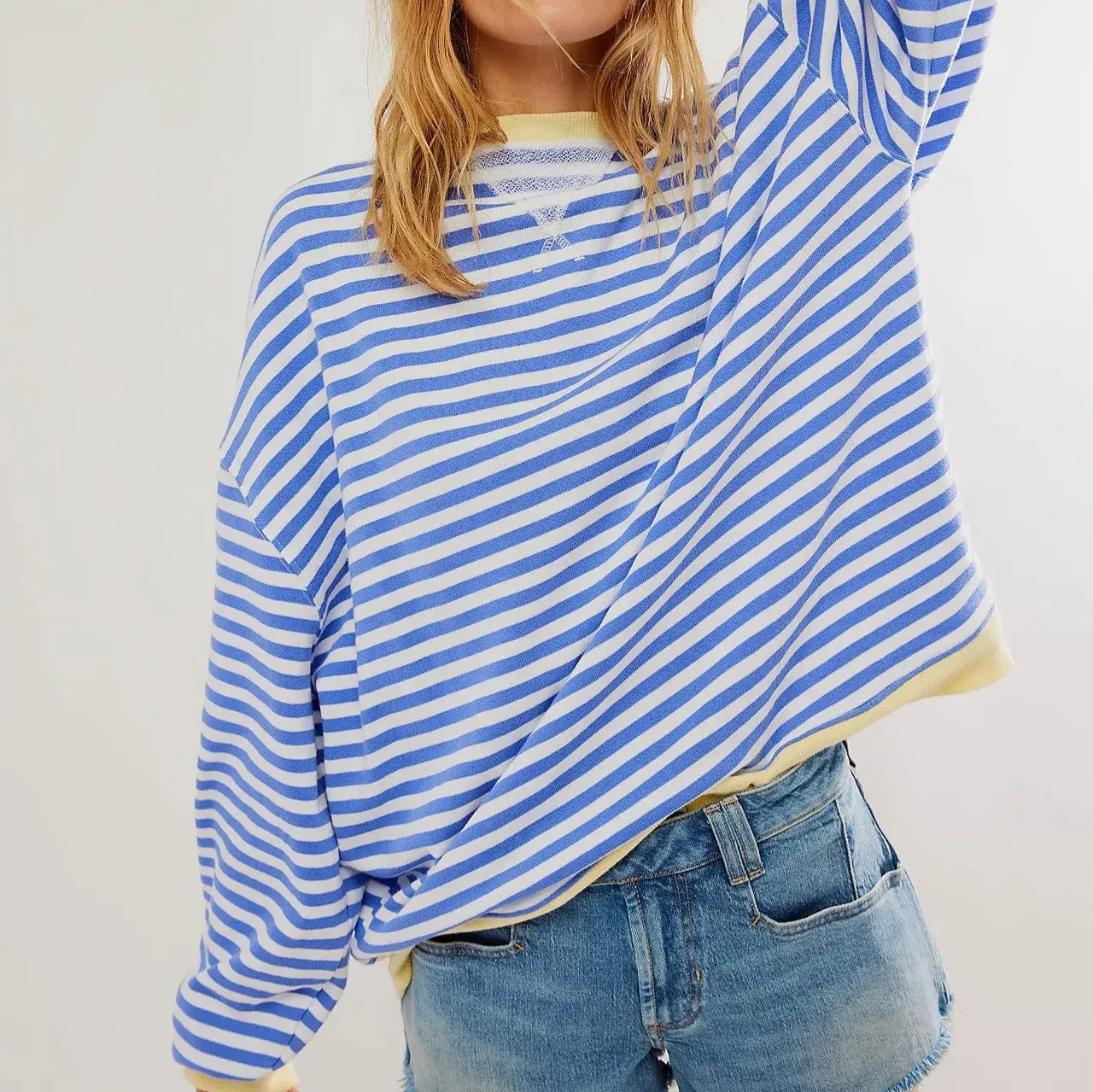 Versatile Loose-Fit Round Neck Sweatshirt Women's Amazon Oversize Color Blocking Stripe Autumn/Winter Thickened Crew Neck Top