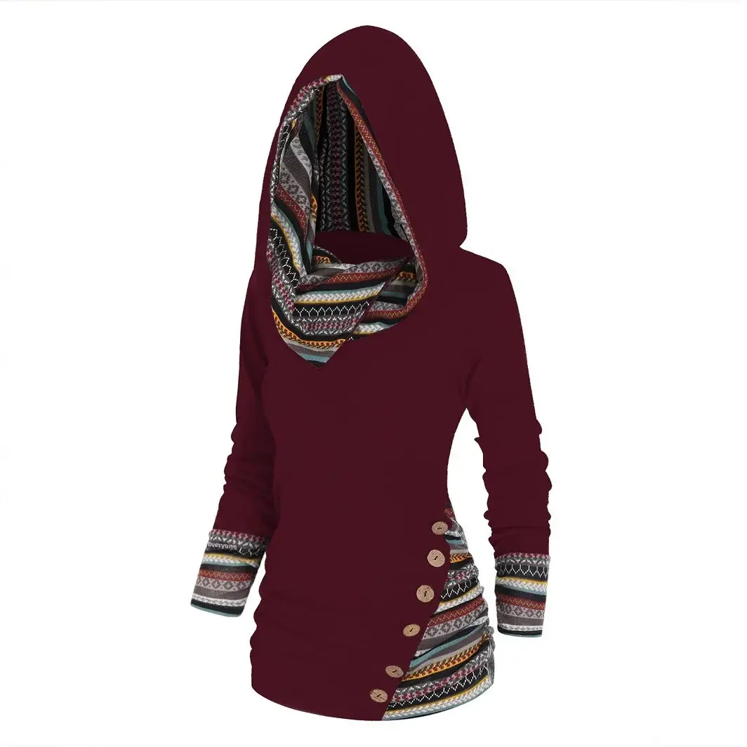 Casual Ethnic Style Knitted Long Sleeve Hoodie Women's Shirt Geometric Stripe Patchwork Cross-Border Tribe Patterned Top