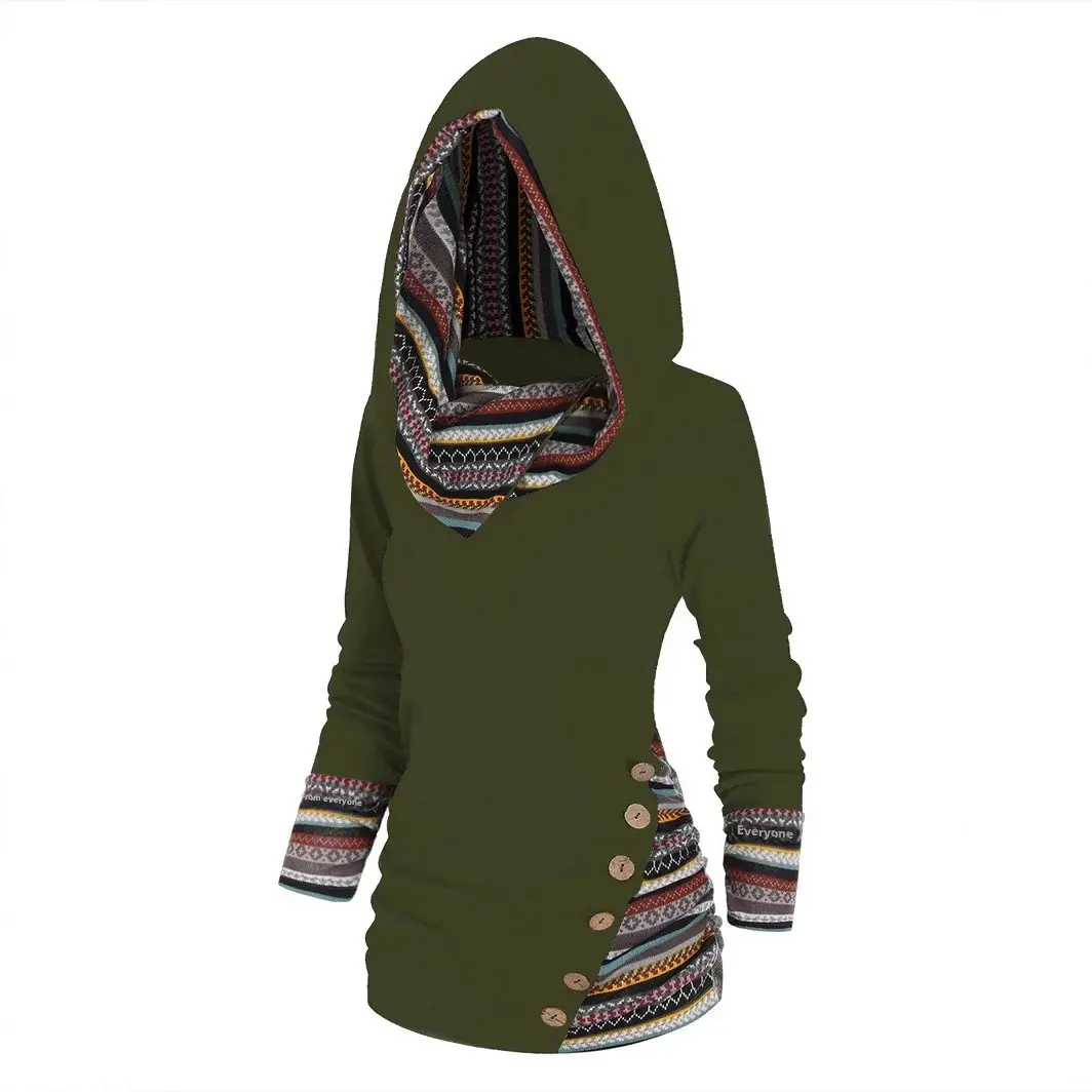 Casual Ethnic Style Knitted Long Sleeve Hoodie Women's Shirt Geometric Stripe Patchwork Cross-Border Tribe Patterned Top