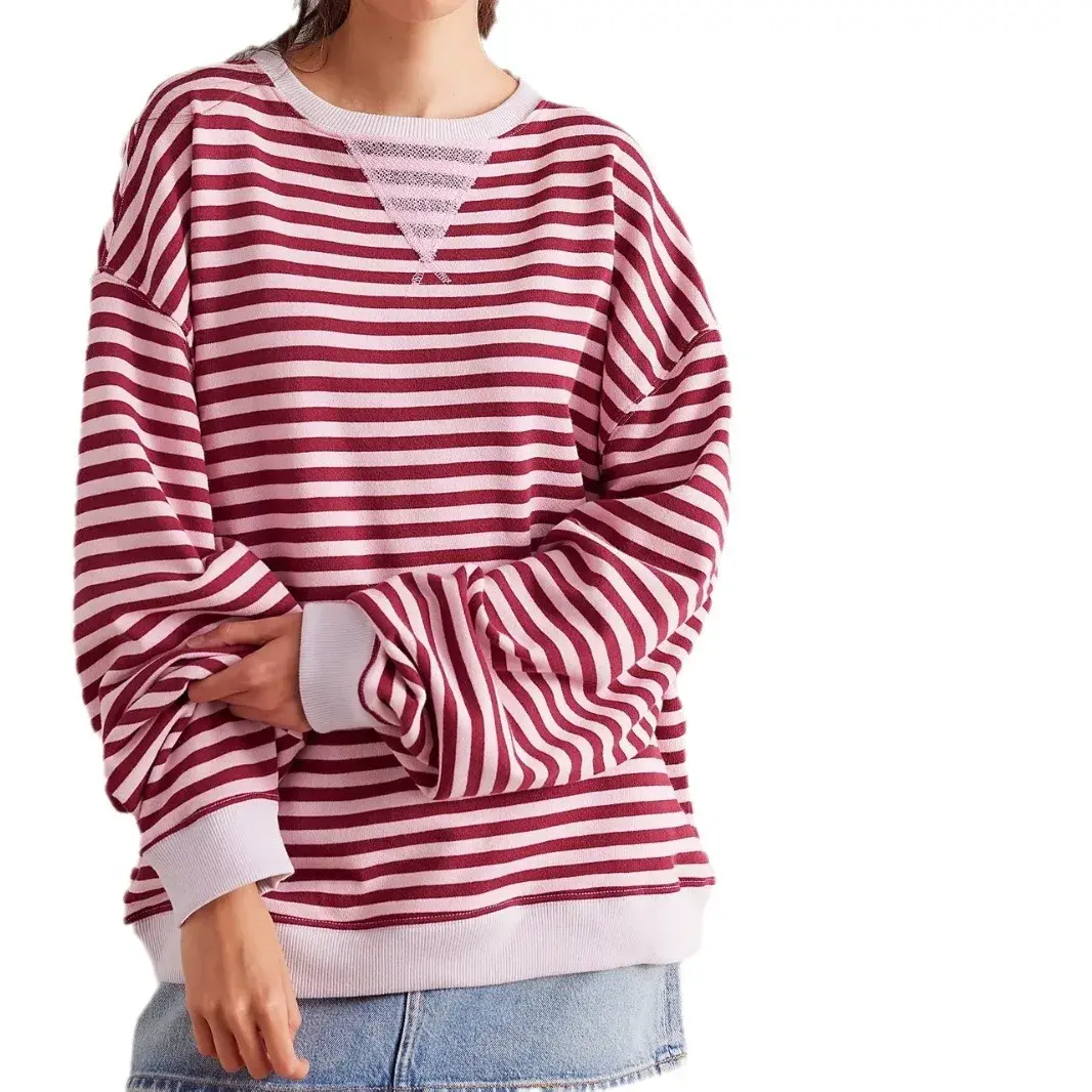 Versatile Loose-Fit Round Neck Sweatshirt Women's Amazon Oversize Color Blocking Stripe Autumn/Winter Thickened Crew Neck Top
