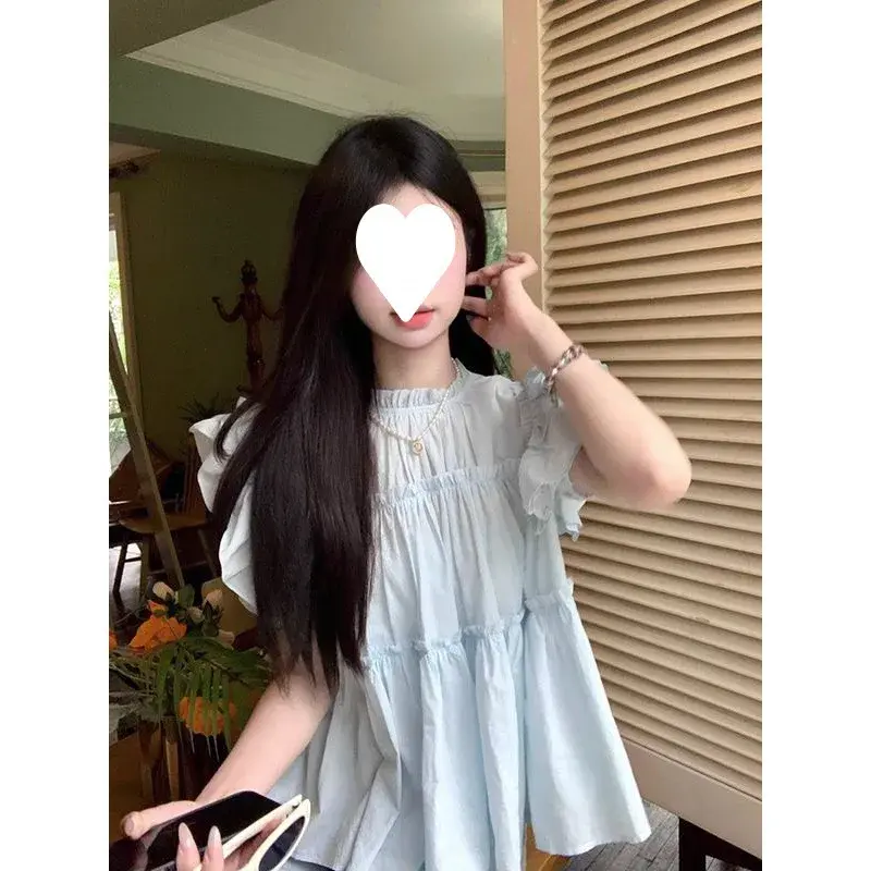 Elegant Ruffle Edge Loose-Fit Round Neck Summer French Style Sweet Top Short Sleeves Women's Shirt With Button
