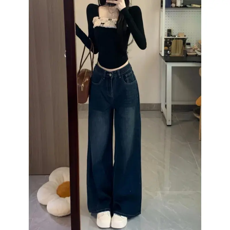 High Waist Wide Leg American Style Vintage Women's Jeans Autumn Winter Loose Slimming Drapey Straight Long Floor-Length Pants