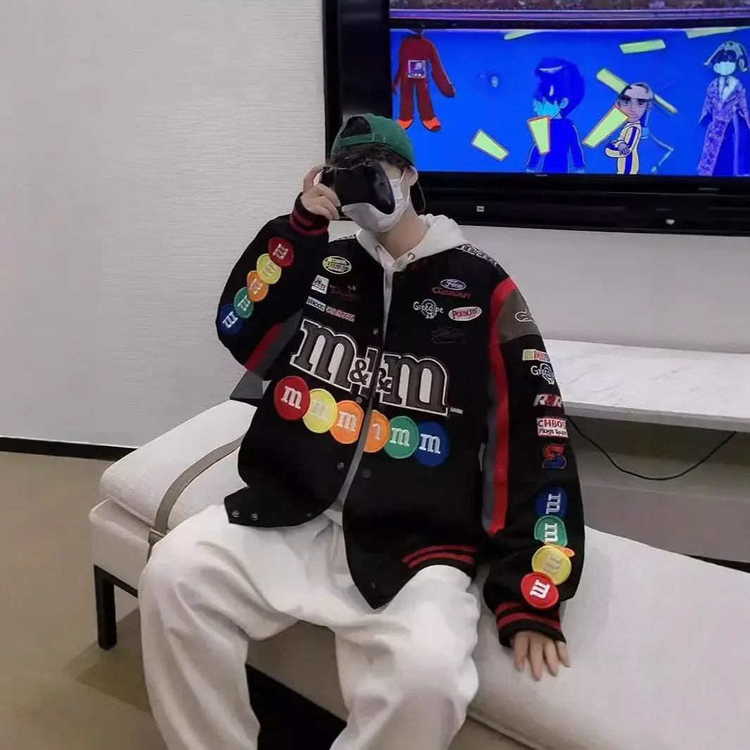 Unisex Loose Fit Racing Jacket Street Style Patchwork Embroidery High Street Spring Autumn Baseball Outfit Korean Hip Hop Jacket