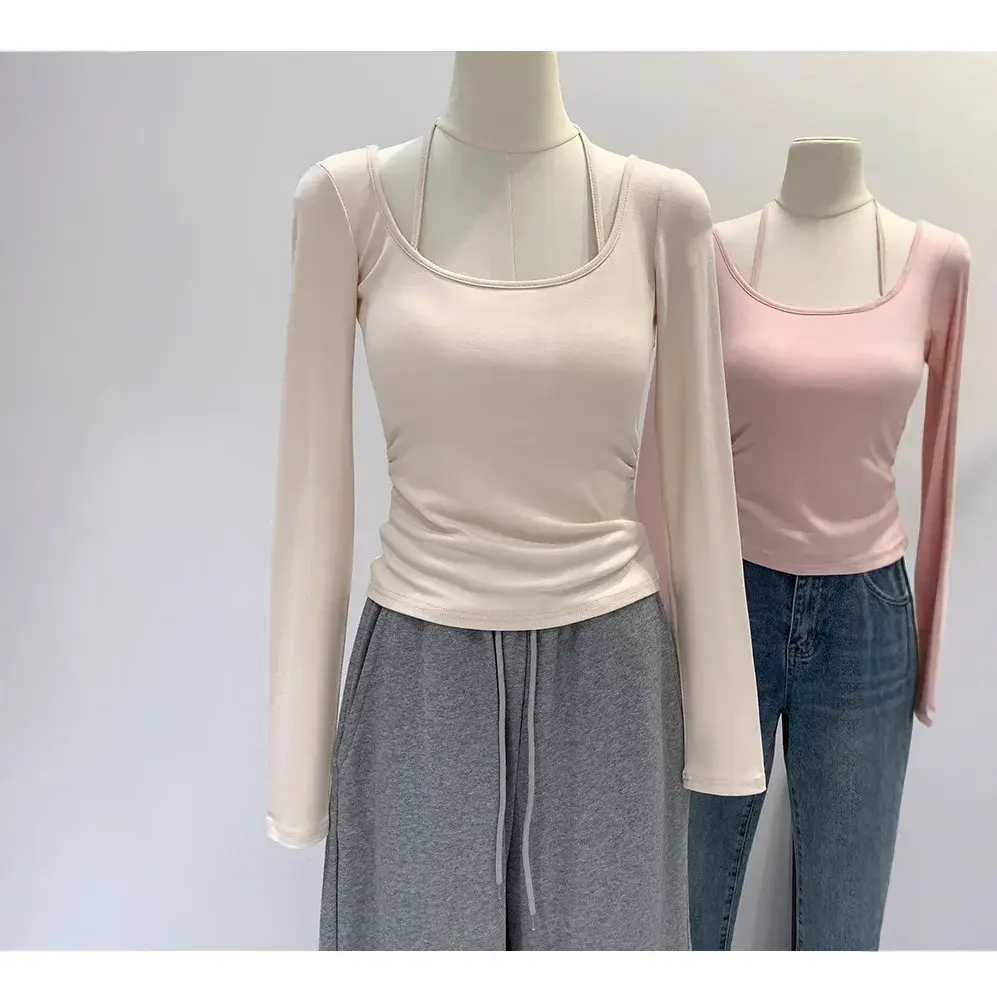 Women's Slim Fit Long Sleeve Base Shirt with Chest Pad Autumn Winter High End Feel T-Shirt Underwear Fashion Top