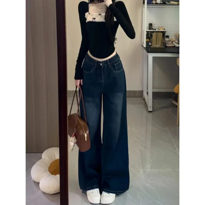 High Waist Wide Leg American Style Vintage Women's Jeans Autumn Winter Loose Slimming Drapey Straight Long Floor-Length Pants